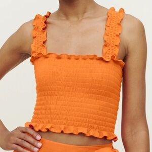 Reformation Lenore Smocked Ruffle Top - Citrus | OS
